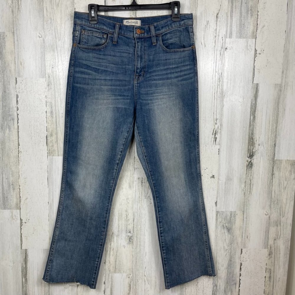 Madewell 10" High Riser Demi Boot denim jeans raw hem 30